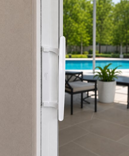 white LeverGuard lock and FullGrip handle installed on a sliding glass door