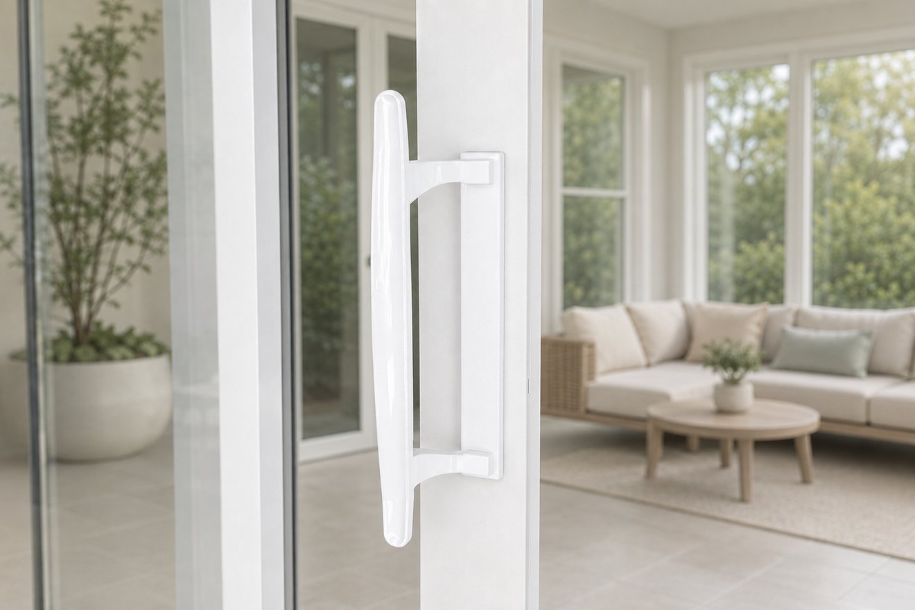 Hand gripping a FullGrip sliding glass door handle